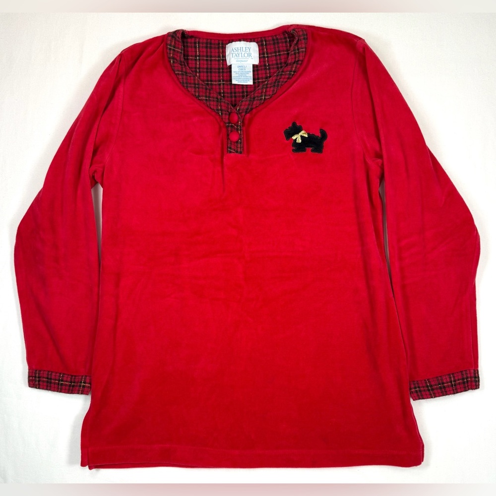 ASHLEY TAYLOR SLEEPWEAR Women’s Plaid Trim Red Velour Scottie Dog Shirt Size‎ S